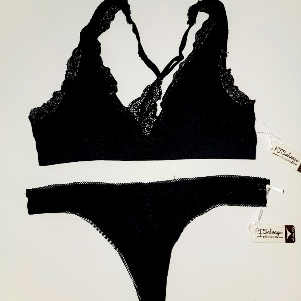 PJ Salvage Soft Black Polka Dot Lace Racerback Reversible Bra Mesh Panties